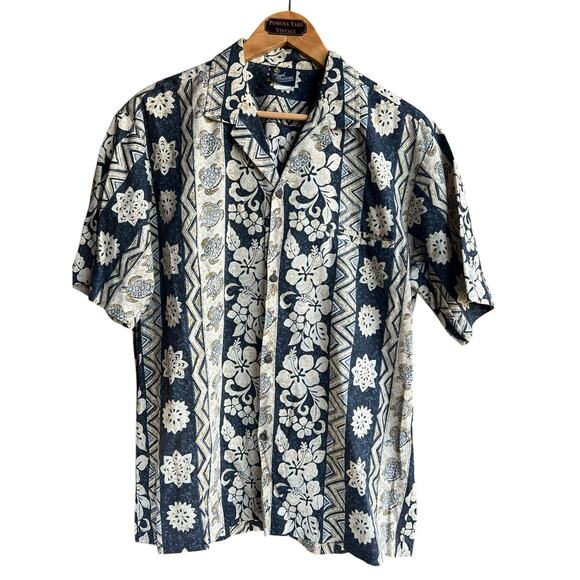 VTG Royal Creations Men LARGE Honolulu Blue Shirt Turtles Hawaiian Button Up - Picture 1 of 6
